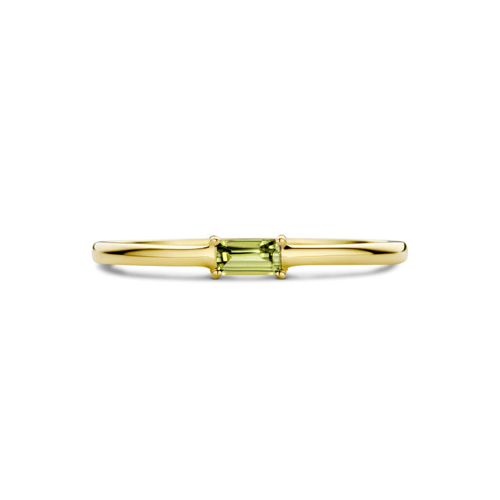 De Van der Kooij Collectie ring met geboortesteen peridot augustus in 14K geelgoud is een elegante ring met een rechthoekige groene peridot, perfect als cadeau voor geboortemomenten.