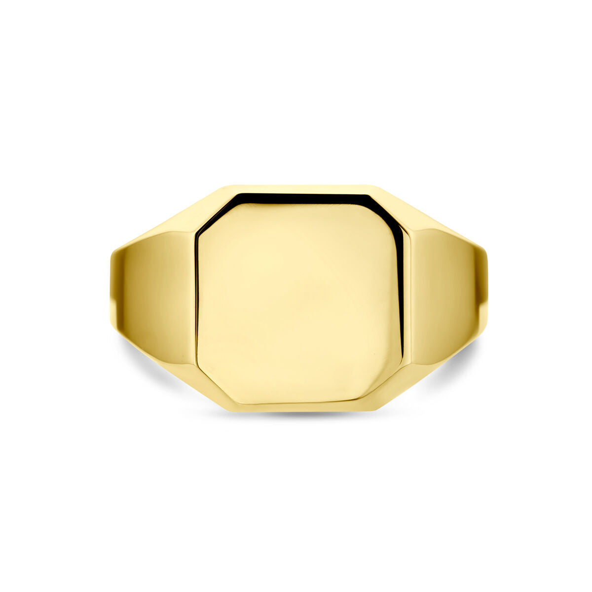 De Van der Kooij Collectie geelgoud 14K heeft een gepolijste, platte, achthoekige wijzerplaat en een gladde, brede band, elegant afgebeeld tegen een witte achtergrond.