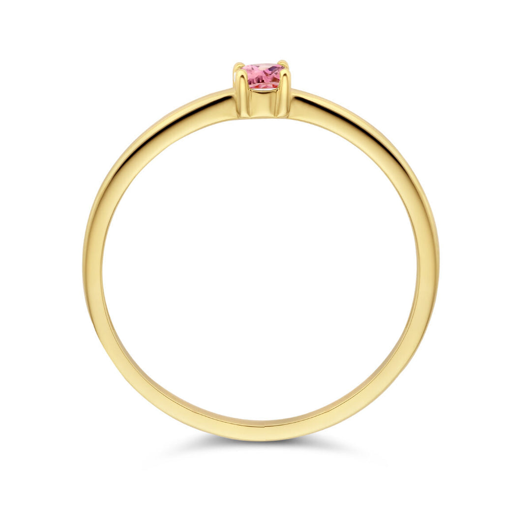 Een delicate 14K geelgouden ring met geboortesteen toermalijn (oktober) in een minimalistische vierpoots zetting, van Van der Kooij Collectie, getoond in zijaanzicht tegen een witte achtergrond.