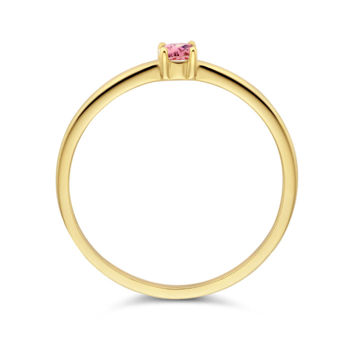 Een delicate 14K geelgouden ring met geboortesteen toermalijn (oktober) in een minimalistische vierpoots zetting, van Van der Kooij Collectie, getoond in zijaanzicht tegen een witte achtergrond.