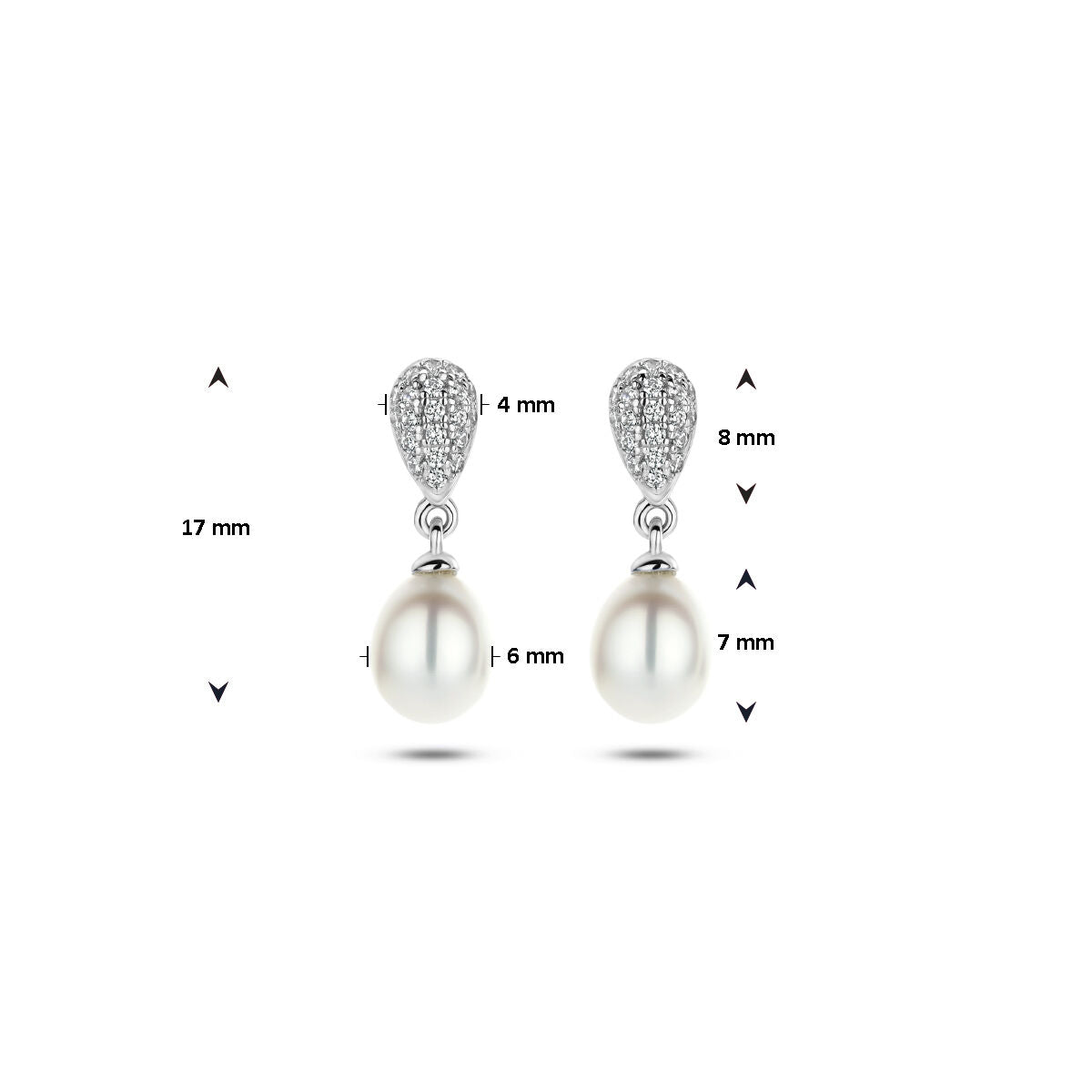 Van der Kooij Collectie oorhangers parel en zirkonia zilver gehodineerd: druppelvormige, zirkonia-bezette top (4x8 mm) met ronde zoetwaterparel (6x7 mm); totale lengte 17 mm.