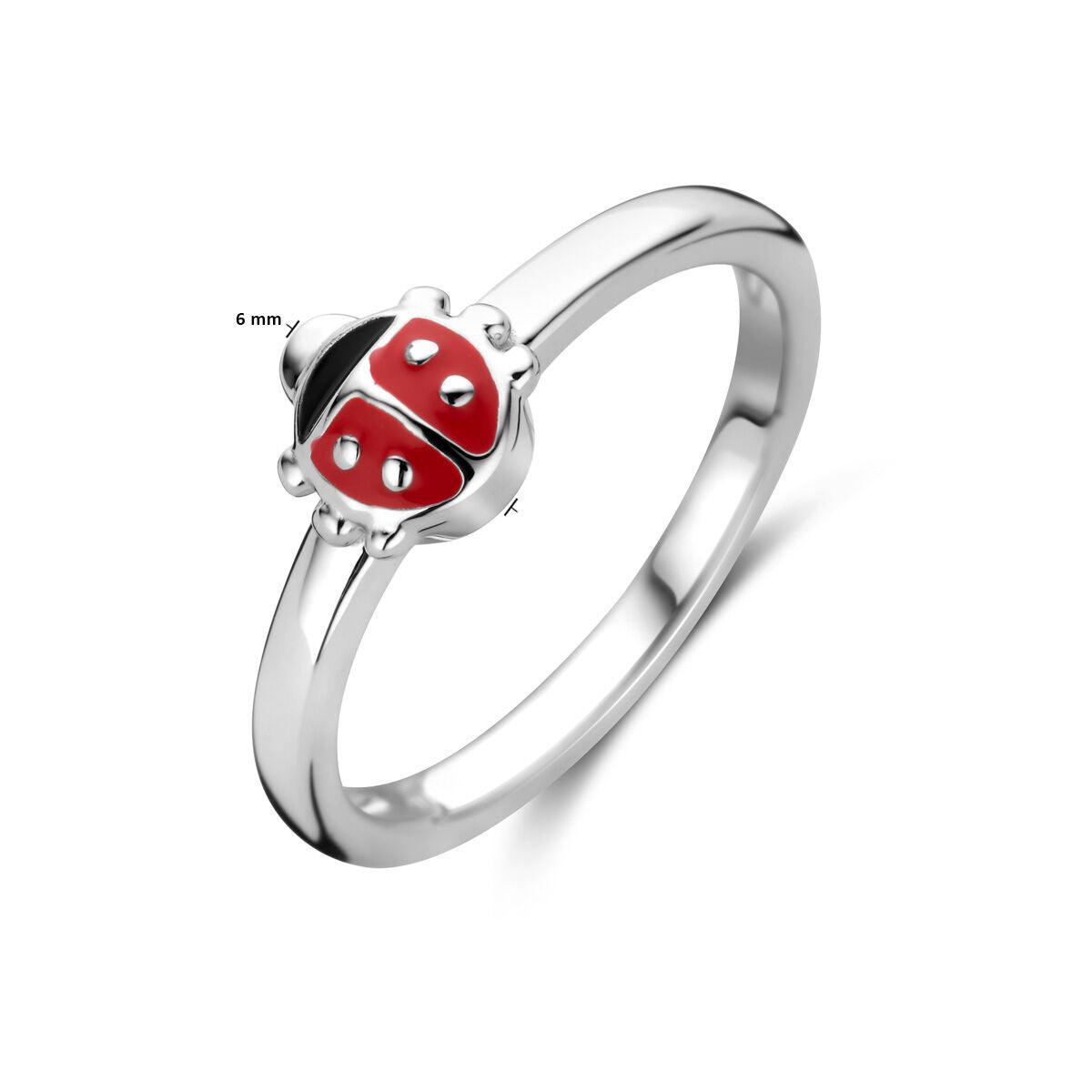 De Van der Kooij Collectie ring lieveheersbeestje zilver gerhodineerd heeft een 6 mm rood-zwart lieveheersbeestje als middelpunt en is afgebeeld op een witte achtergrond.