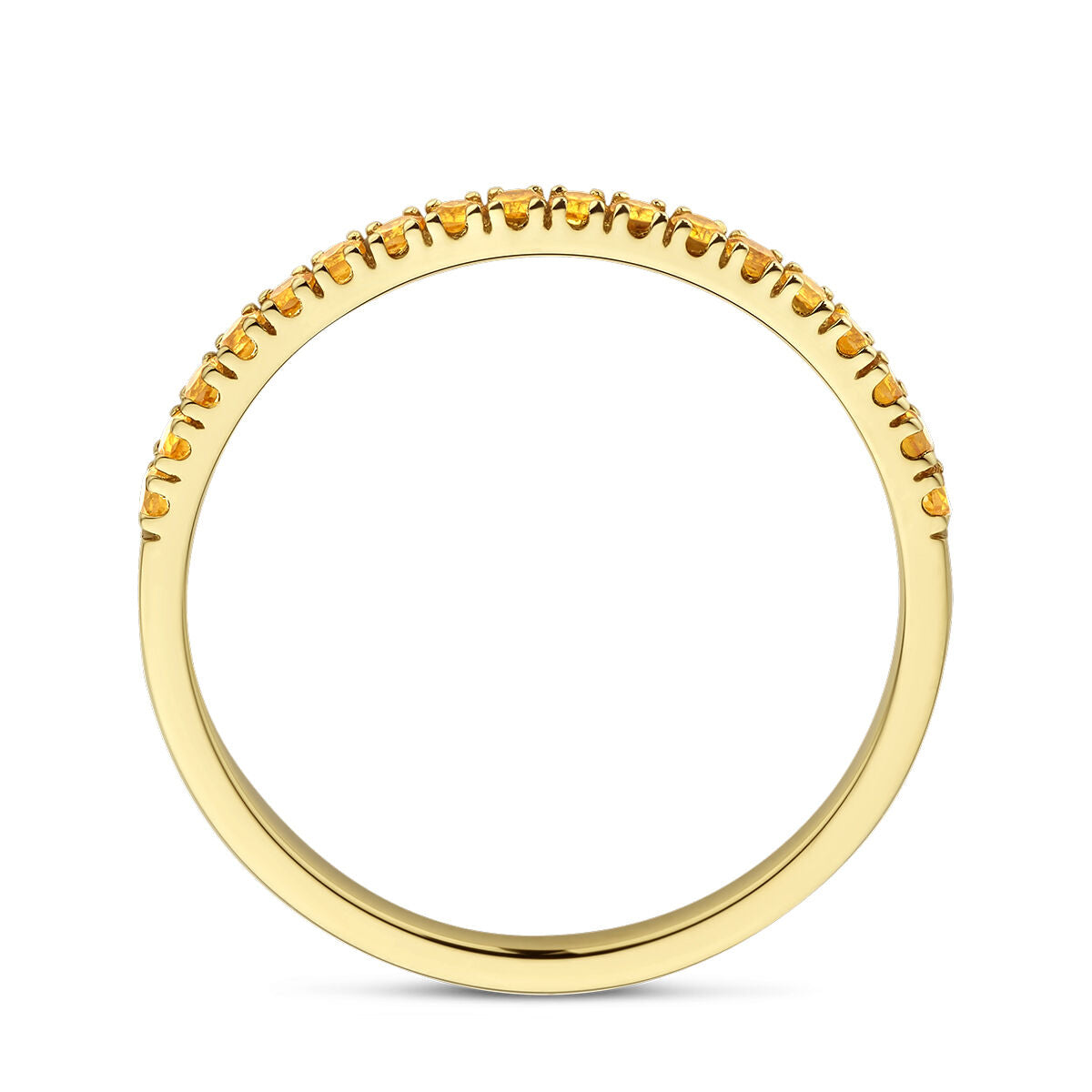 Deze elegante dames sieraad is de Van der Kooij Collectie ring met geboortesteen citrien november in 14K geelgoud, met kleine citrien edelsteentjes langs de bovenste helft van de band.