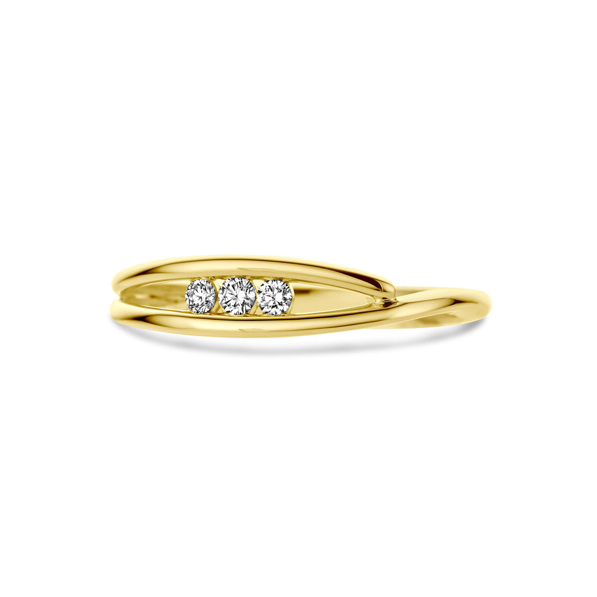 De Van der Kooij Collectie ring trilogie diamant 0.10ct h si in 14K geelgoud heeft een gespleten band met drie schitterende diamanten-een tijdloos dames sieraad voor elke sieraden collectie.