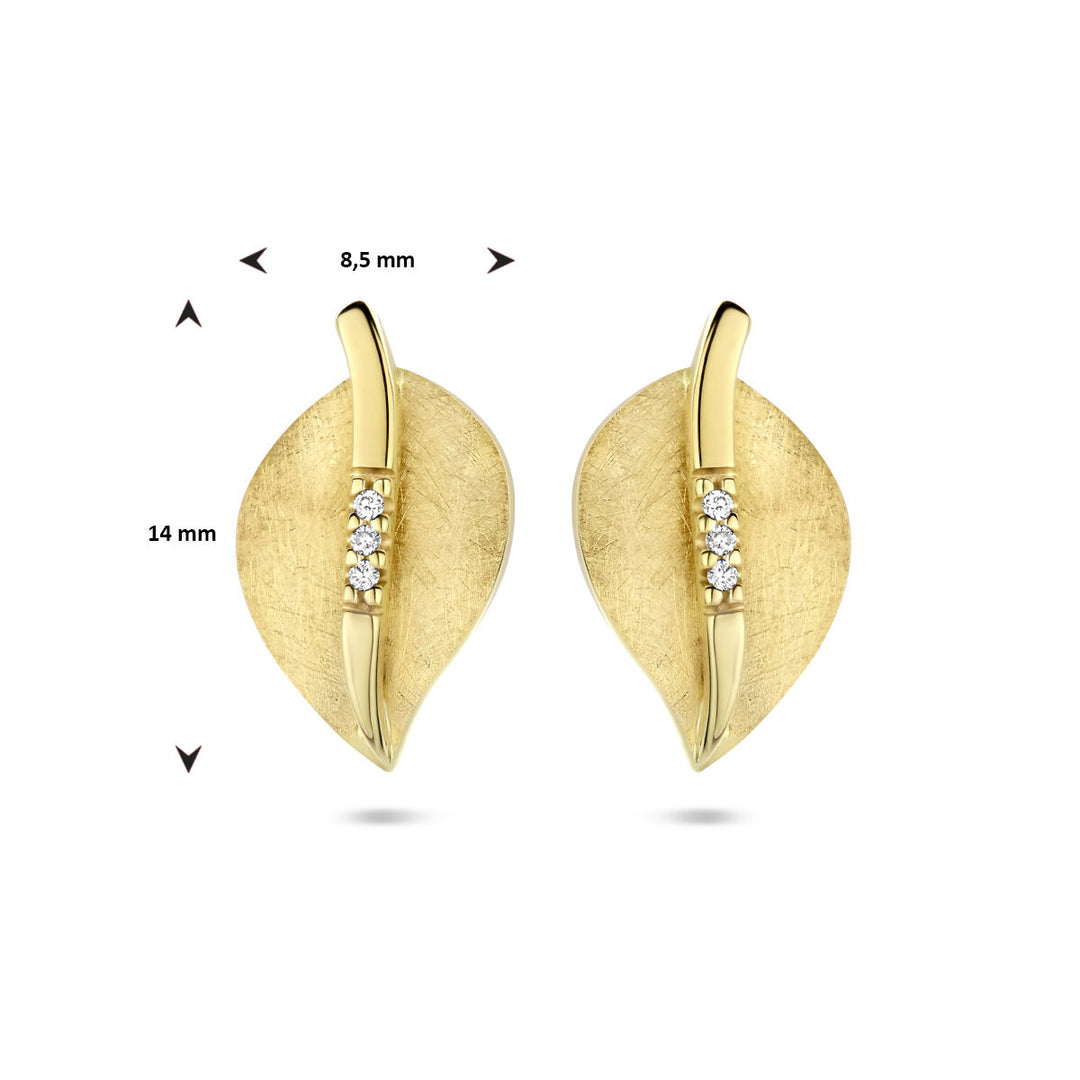 oorknoppen blad gescratcht diamant 0.02ct (2x 0.01ct) h si 14K geelgoud