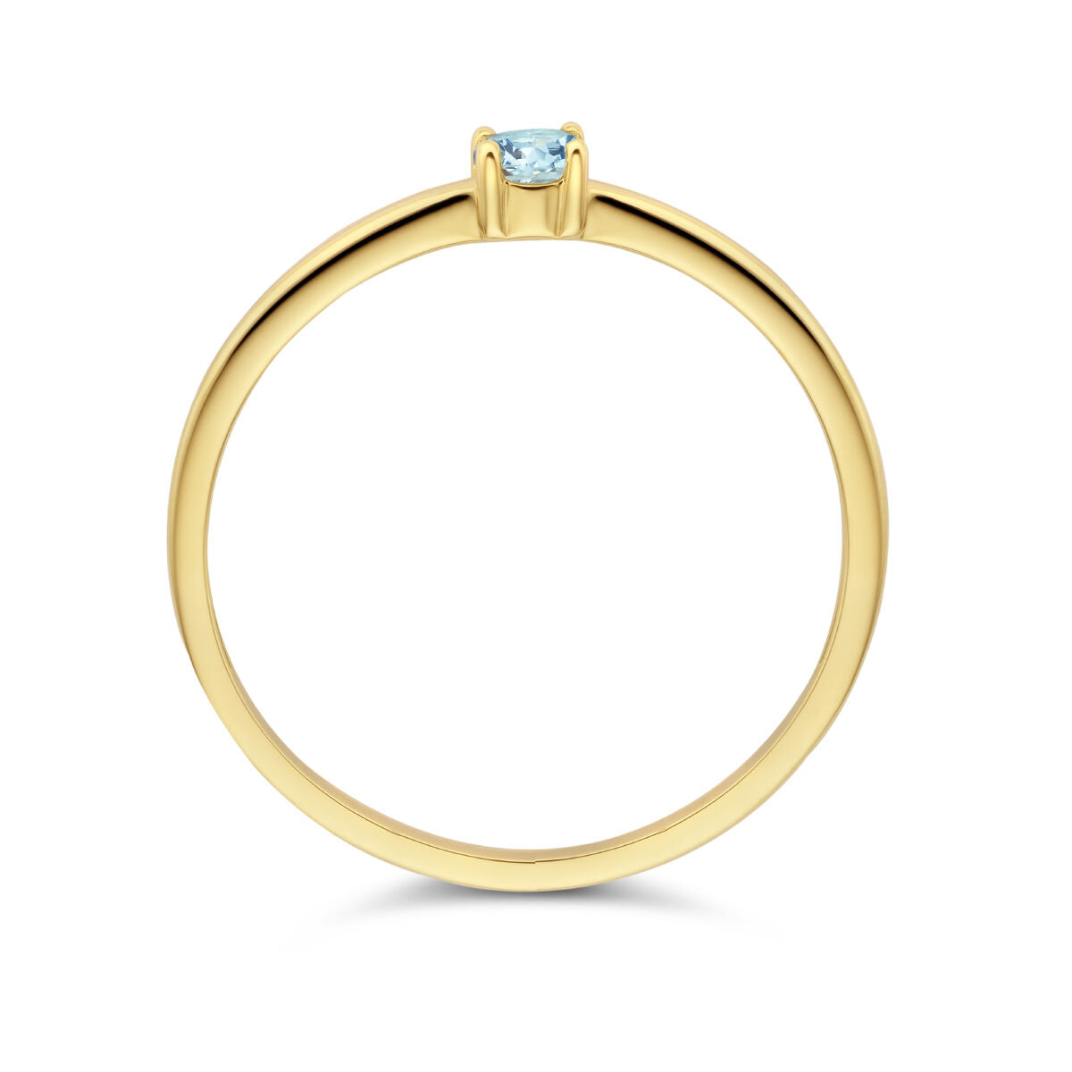 De Van der Kooij Collectie ring met geboortesteen aquamarijn maart 14K geelgoud heeft een enkele ronde aquamarijn in een viertandige zetting, zichtbaar vanaf de voorkant tegen een witte achtergrond.
