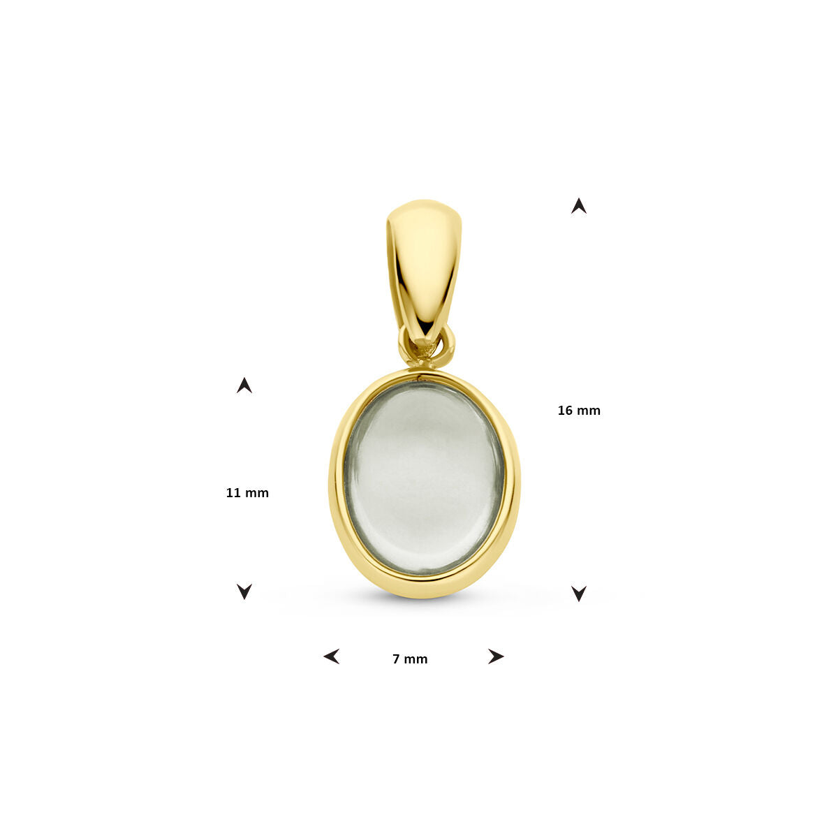De hanger groen amethist 14K geelgoud van Van der Kooij Collectie heeft een ovale, doorschijnende groene amethist gezet in 14k geelgoud (16x11x7mm), afgebeeld op een witte achtergrond met maatpijlen.