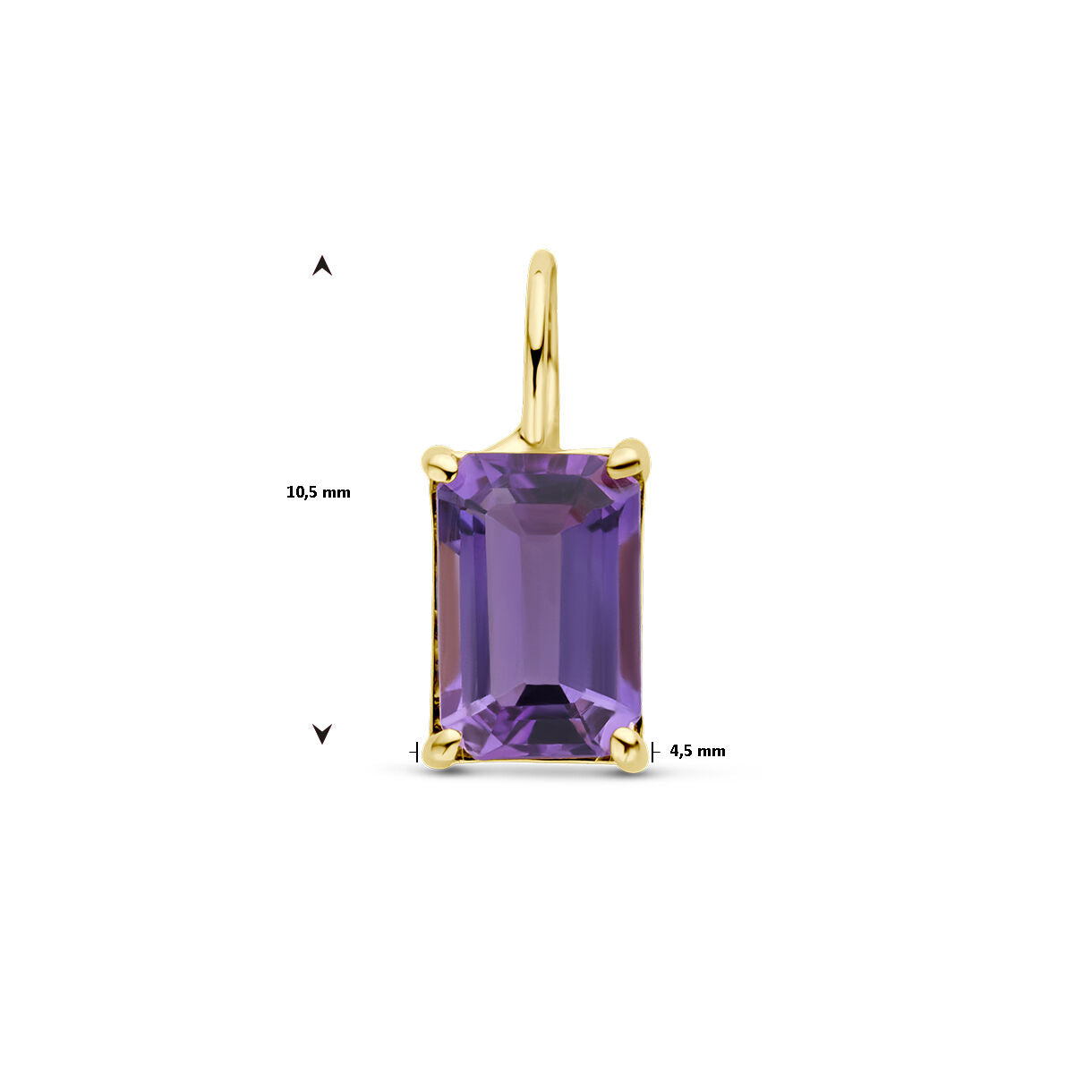 De hanger amethist 14K geelgoud van Van der Kooij Collectie is een dames sieraad met een rechthoekige paarse amethist (10,5 x 4,5 mm) in een geelgouden frame met vier pootjes en ophanglus voor aan een ketting.