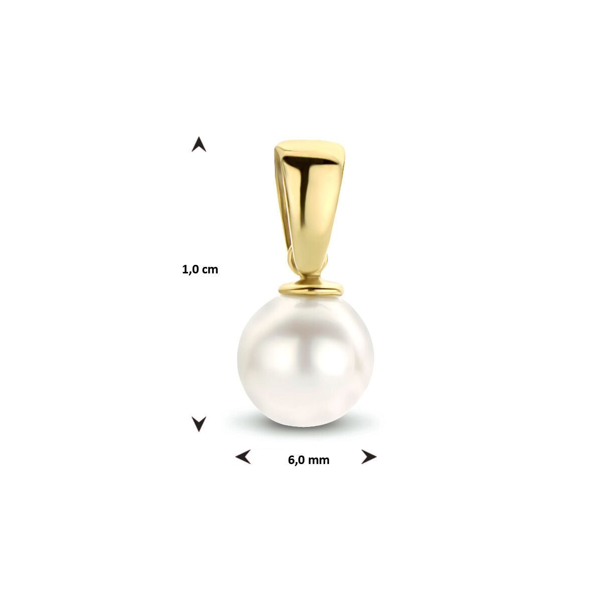 De hanger parel 14K geelgoud van Van der Kooij Collectie heeft een ronde witte parel van 6,0 mm en een totale hoogte van 1 cm, fraai gepresenteerd op een witte achtergrond.