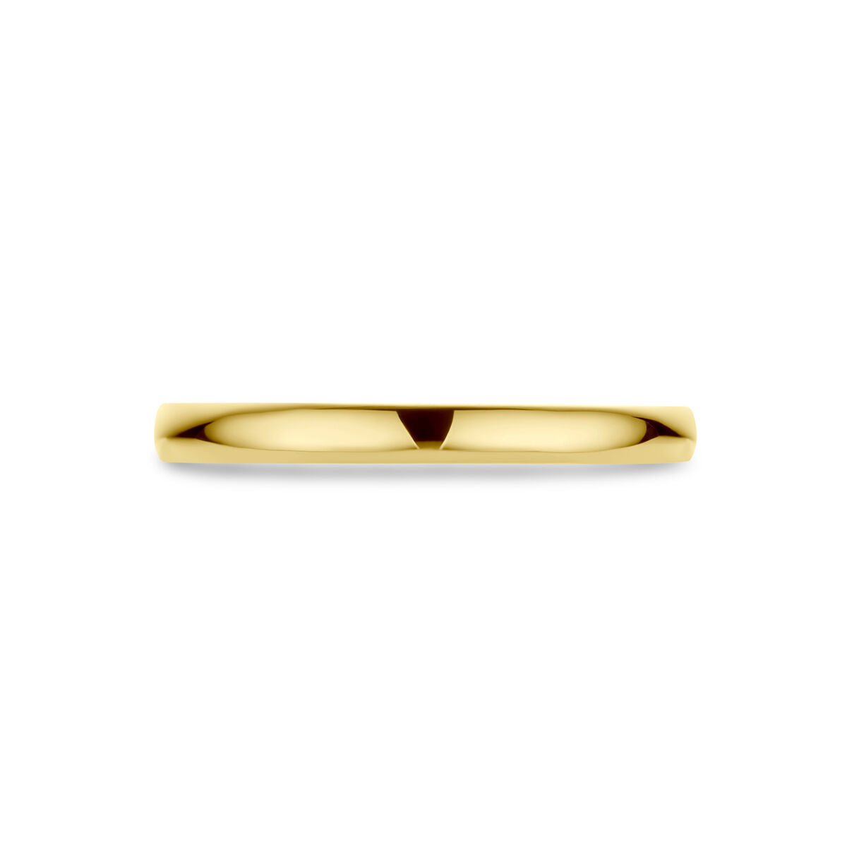 De aanschuifring 14K geelgoud van Van der Kooij Collectie is een eenvoudige, gepolijste damesring in geelgoud, vanaf de zijkant afgebeeld op een witte achtergrond om het gladde, klassieke ontwerp te benadrukken.