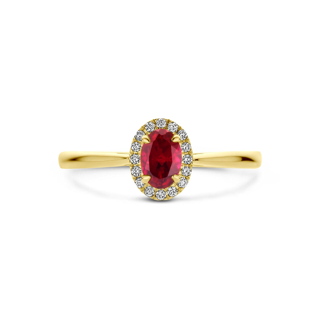 ring lab grown ruby ​​and diamond 0.075ct h si halo 14K yellow gold