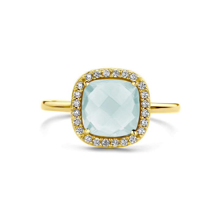 ring aquamarine and zirconia halo 14K yellow gold