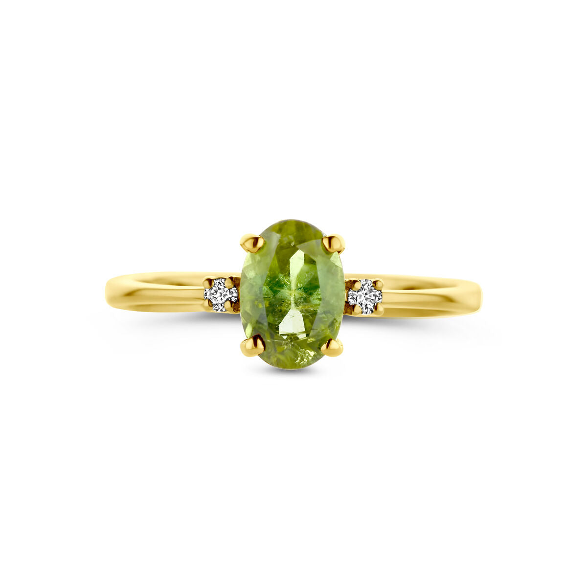 De Van der Kooij Collectie ring trilogie toermalijn en diamant 0.04ct h si 14K geelgoud heeft een ovale groene toermalijn, geflankeerd door diamanten, op een eenvoudige geelgouden band.
