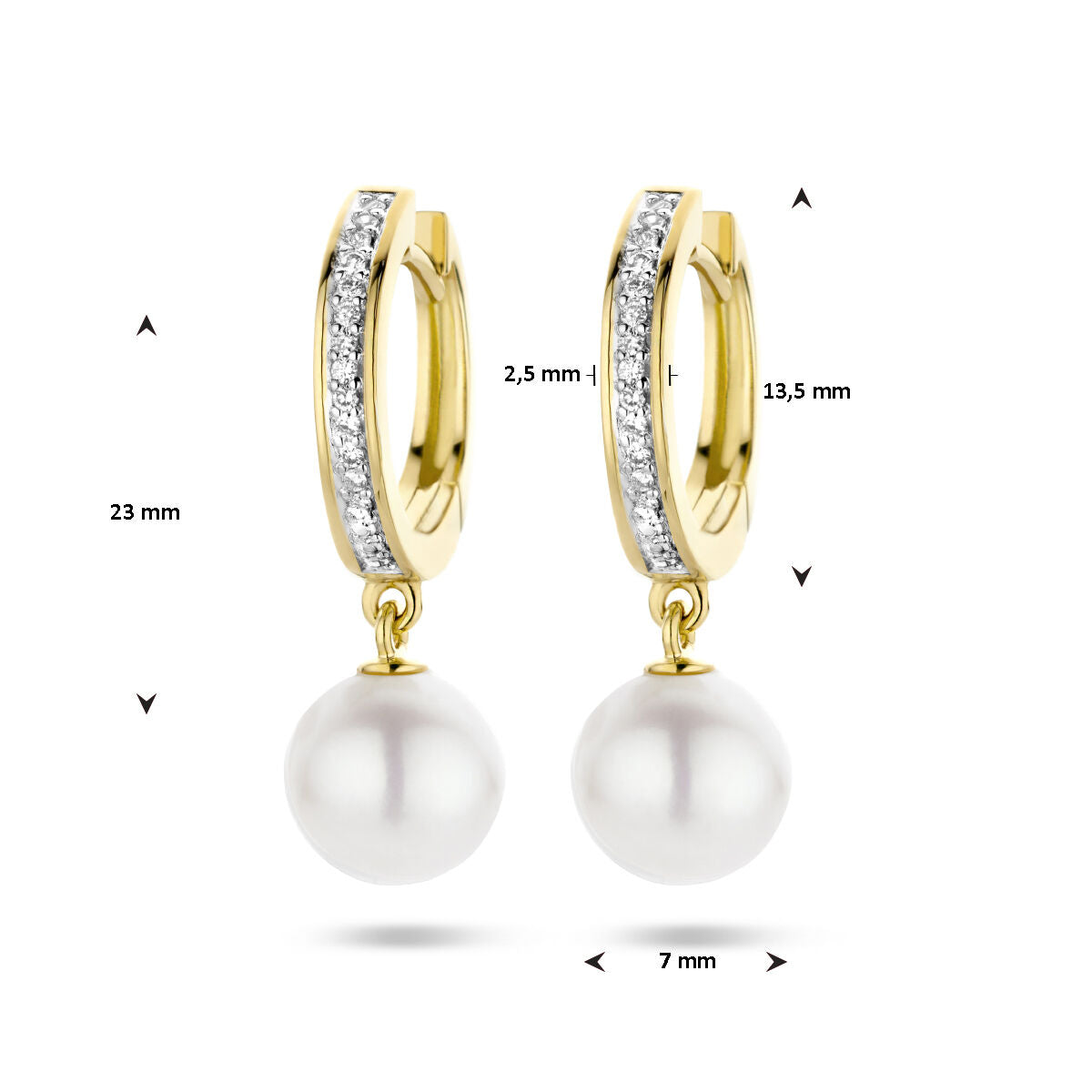 klapoorringen parel en diamant 0.08ct (2x 0.04ct) h si bicolor gestift 14K geelgoud