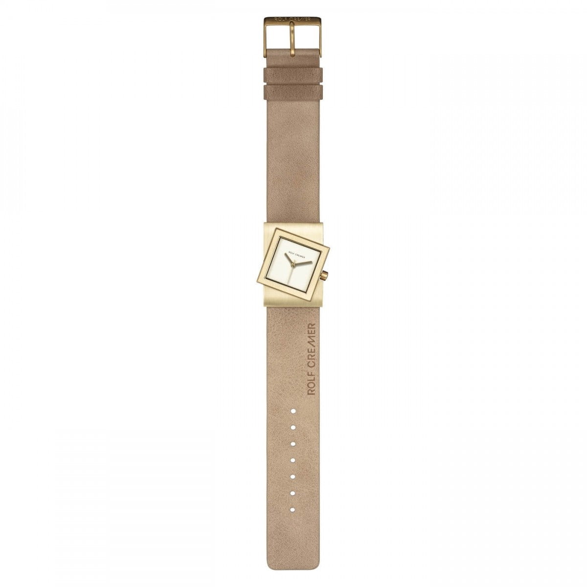 Het Rolf Cremer Horloge 507703 Turn-S, geïnspireerd op Deens design, heeft een beige leren band en een rechthoekige gouden kast met een witte wijzerplaat. Het gekantelde display en de gegraveerde ROYCE band versterken de minimalistische charme, aangestuurd door quartz precisie voor eenvoud in uur- en minutenwijzers.