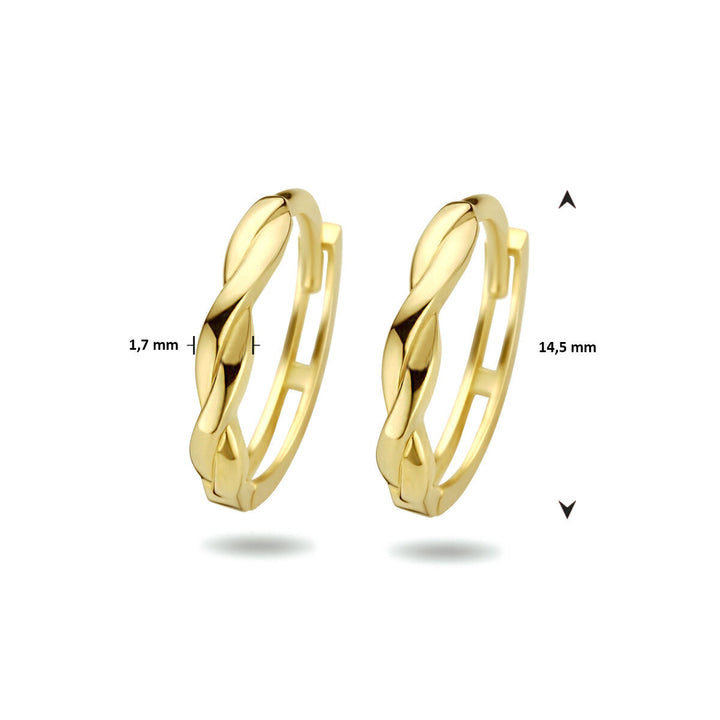 De Van der Kooij Collectie klapoorringen gedraaid 14K geelgoud staan rechtop op een witte ondergrond, zijn 1,7 mm breed en 14,5 mm hoog - elegante oorringen dames voor elke gelegenheid.