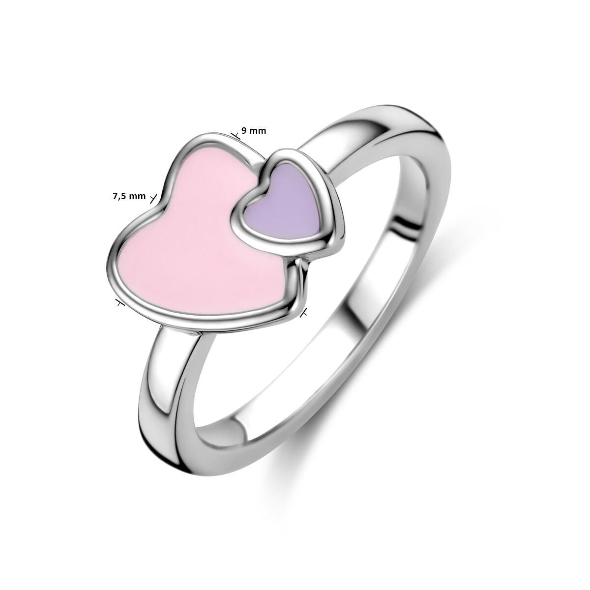 De Van der Kooij Collectie ring hartjes zilver gerhodineerd is een kinderring met twee hartjes: een grotere in lichtroze en een kleinere in lila, inclusief afmetingen van de hartjes.