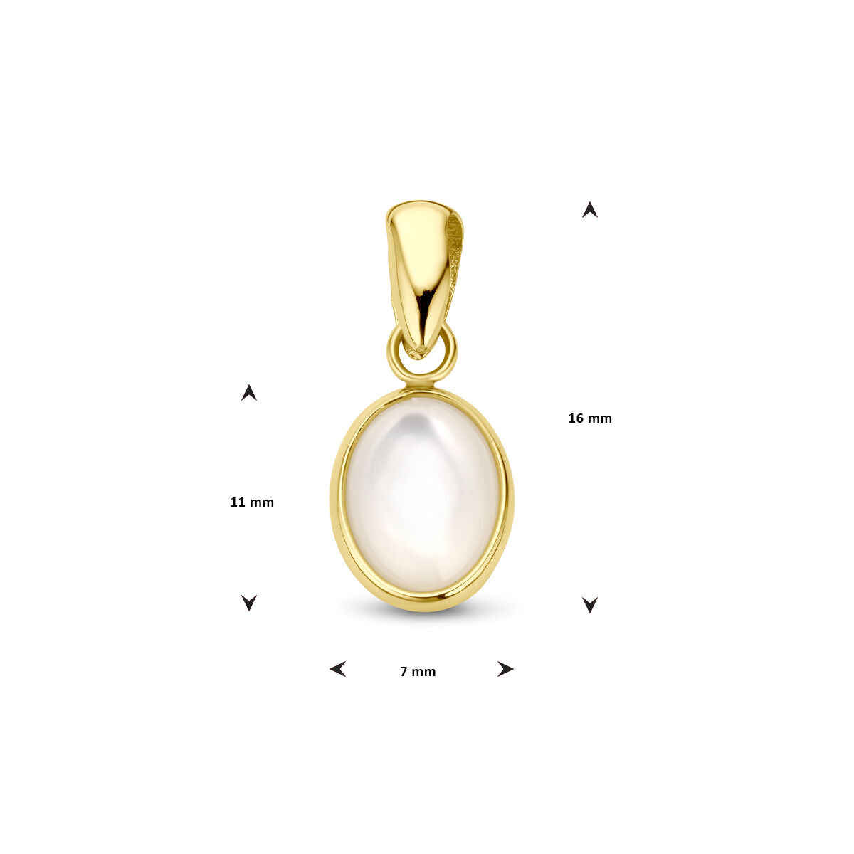 De hanger parelmoer 14K geelgoud uit de Van der Kooij Collectie heeft een ovaal met parelmoer in het midden en voldoet aan 16 x 11 x 7 mm, stijlvol typisch op een witte achtergrond met maataanduidingen.