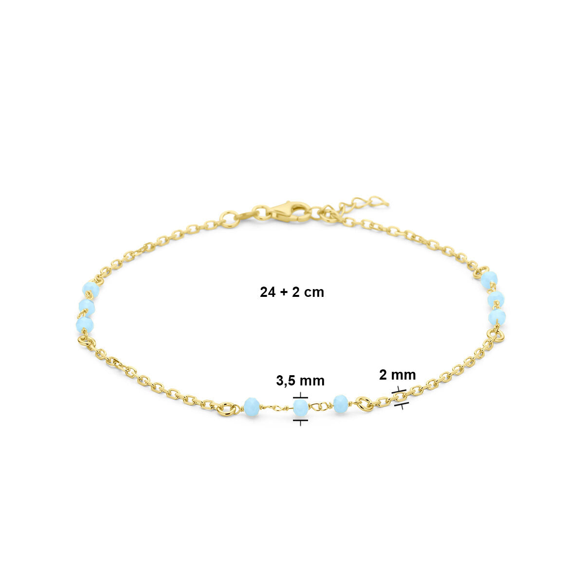 anklet blue crystal balls 24 + 2 cm 3 micron silver gold plated (yellow)