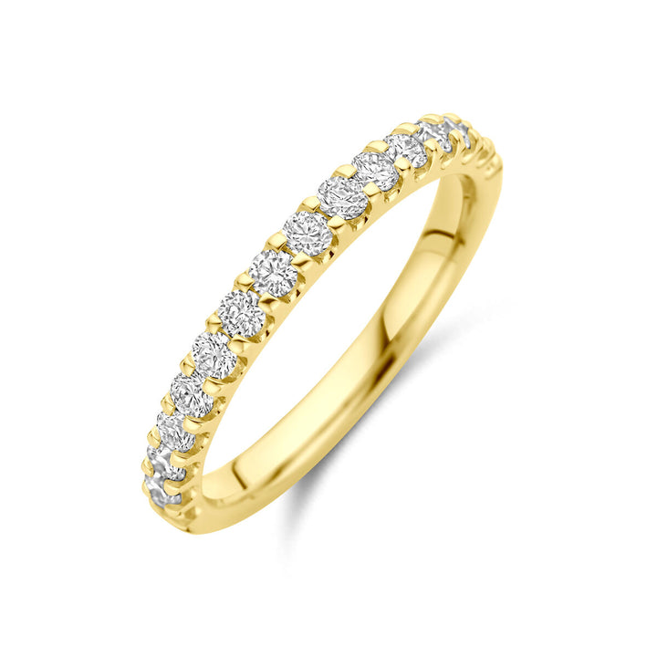 Een 14K geelgouden Van der Kooij Collectie ring met een rij ronde lab grown diamanten (0.51ct H SI) in briljante slijpvorm, elegant gepresenteerd op een witte achtergrond.