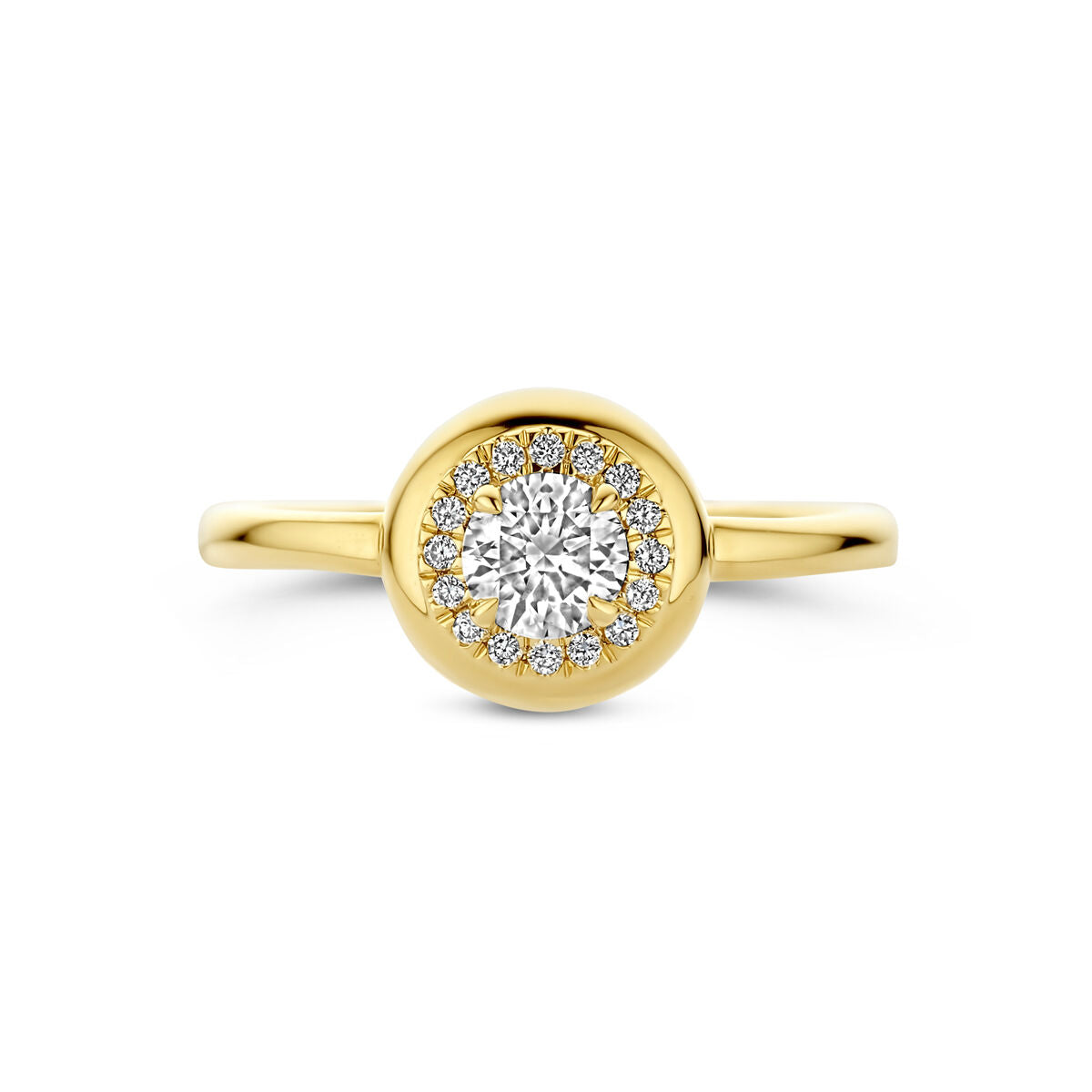 De Van der Kooij Collectie ring lab grown diamant 0,49ct H SI in 14K geelgoud heeft een rond lab grown diamanten centrum met een halo van kleine diamanten op een gepolijste gouden band, een combinatie van elegantie en schittering.