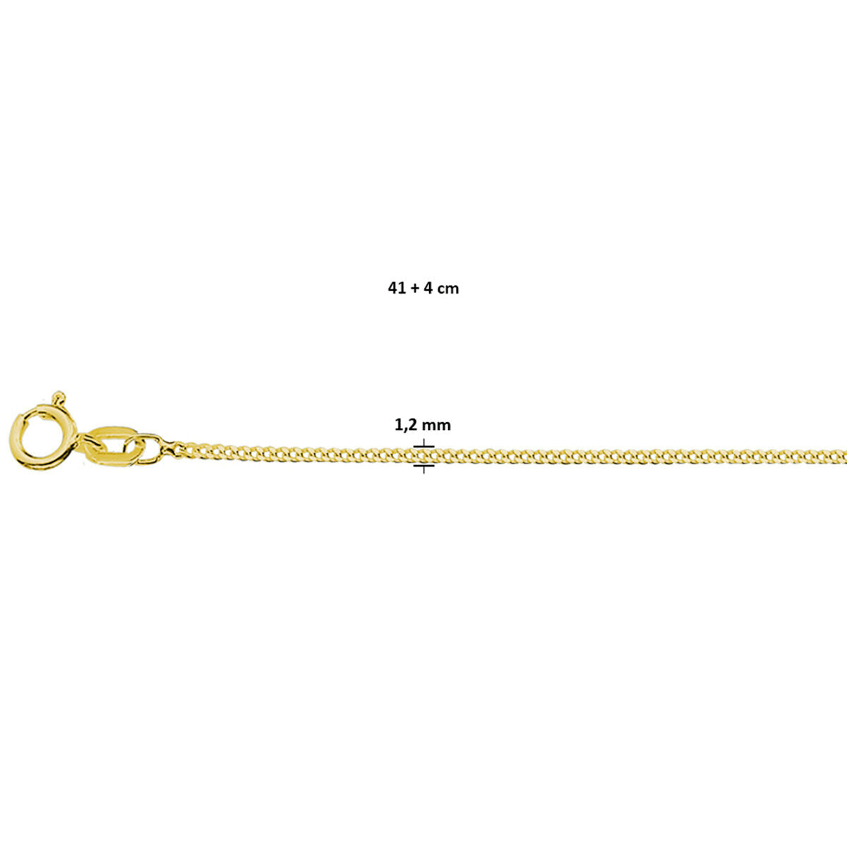 Een close-up van de Van der Kooij Collectie collier gourmette 4-zijdes geslepen ketting, 1,2 mm breed en 41 + 4 cm lang, verguld met 3 micron geel zilver, voorzien van een veerringsluiting tegen een witte achtergrond.