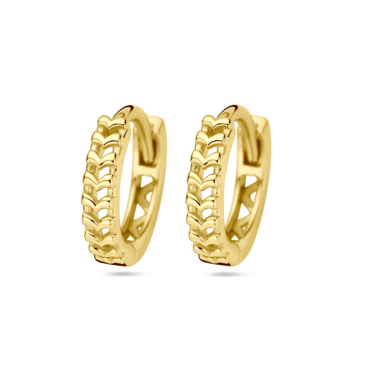 Klapoorringen van 14K geelgoud met een schakelpatroon en opengewerkte details.