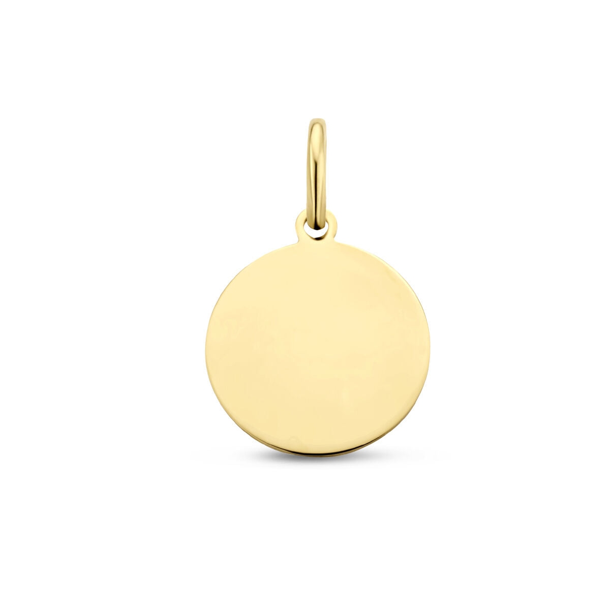 Ronde graveerhanger van 3 micron geel verguld zilver met een gladde, glanzende afwerking.