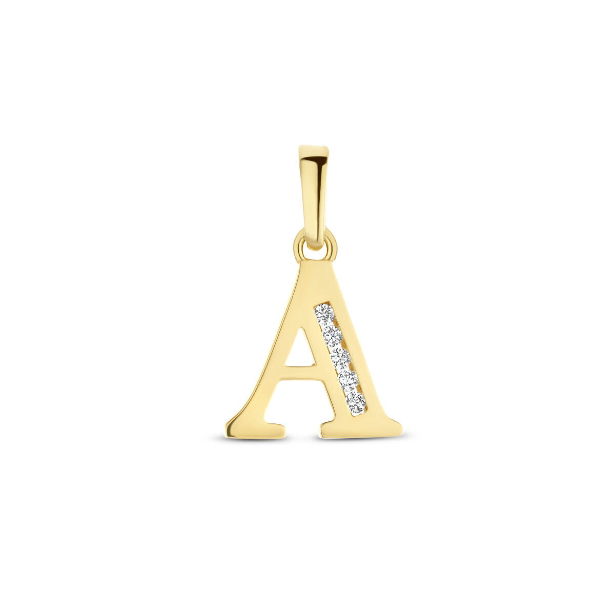 De hanger letter zirkonia 14K geelgoud van Van der Kooij Collectie heeft een rij fonkelende zirkonia's en een gepolijste afwerking, met een handig lusje voor aan je ketting.