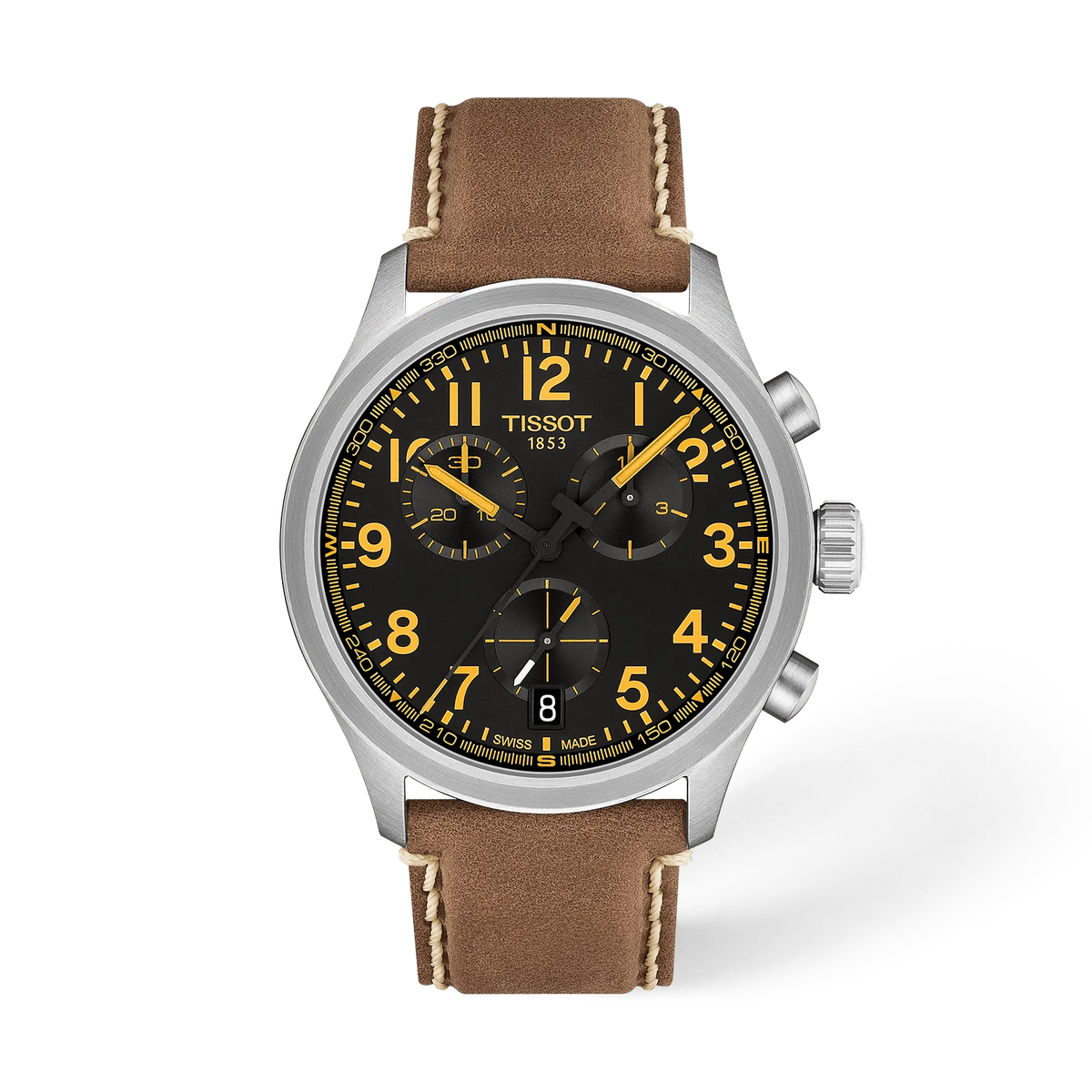 Zilveren chronograaf horloge met zwarte wijzerplaat, gele cijfers en bruine leren band.