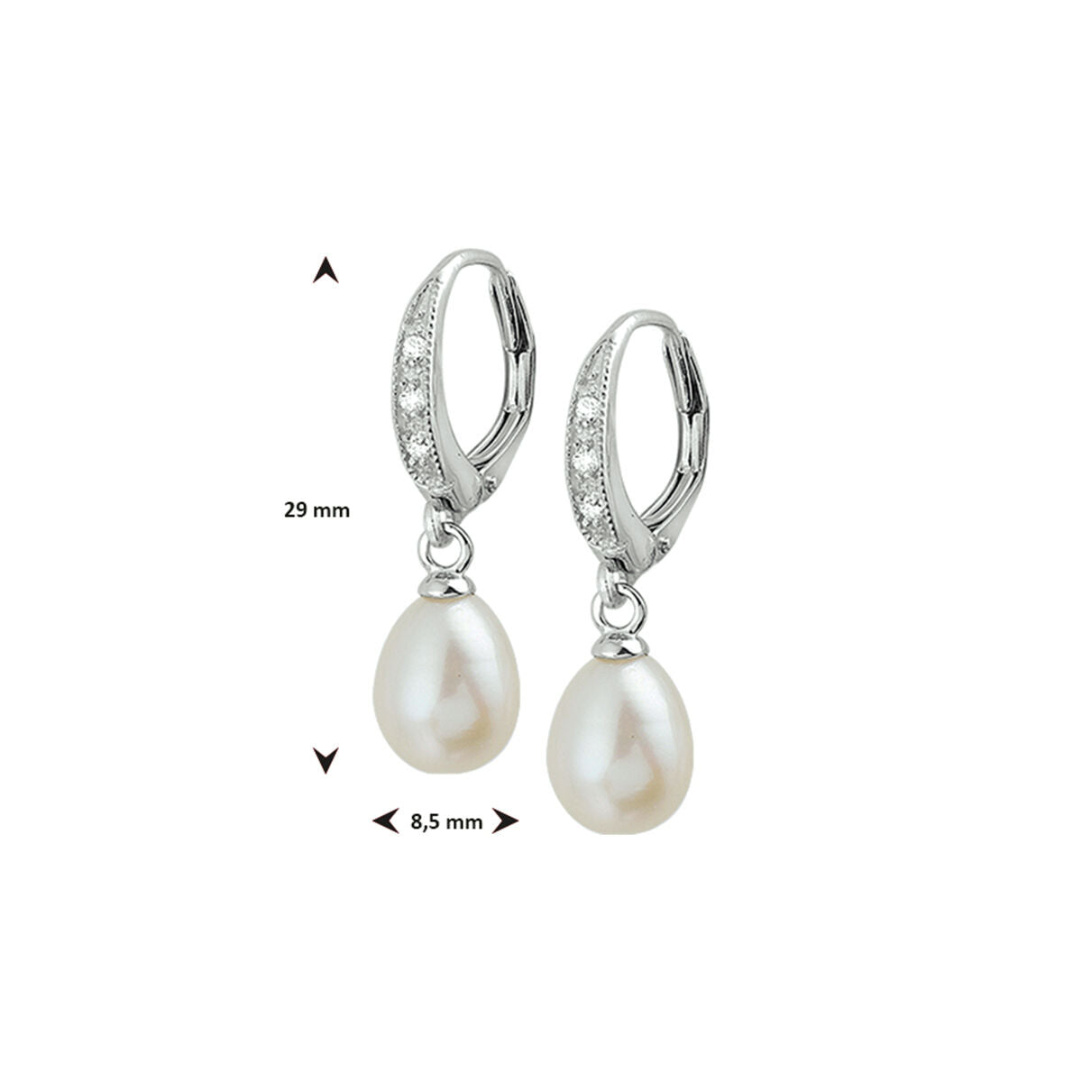 Van der Kooij Collectie oorhangers parel en zirkonia brisur haak zilver gerhodineerd: 29 mm lang, 8,5 mm breed, met zoetwaterparel en kleine zirkonia’s op de sluiting.