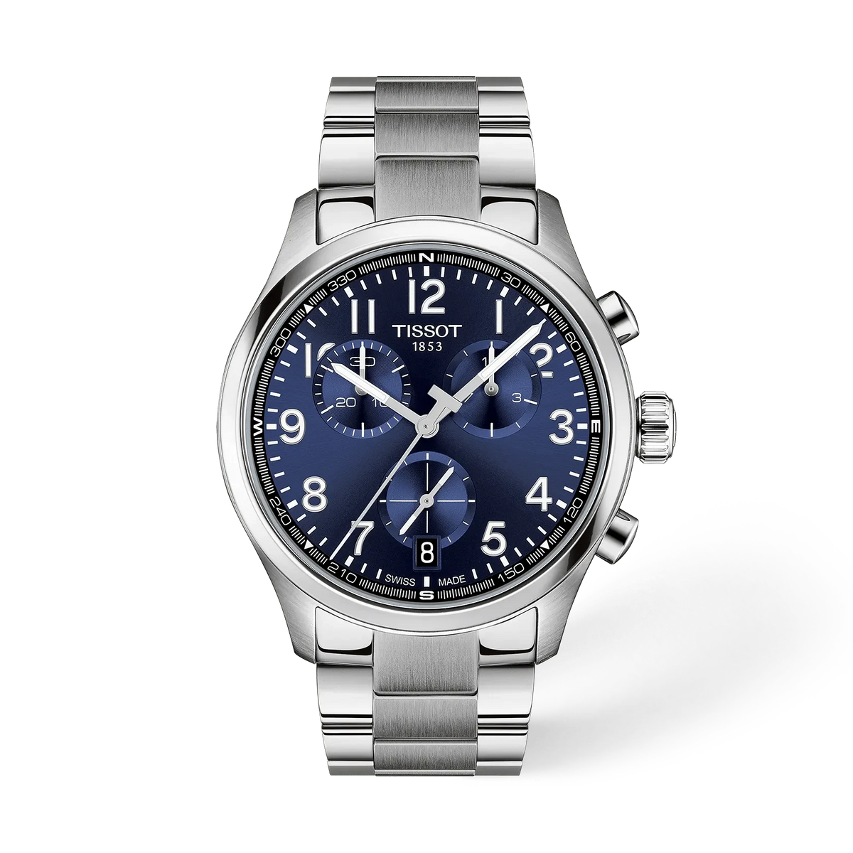 Stalen chronograaf horloge met een blauwe wijzerplaat en een metalen schakelband.