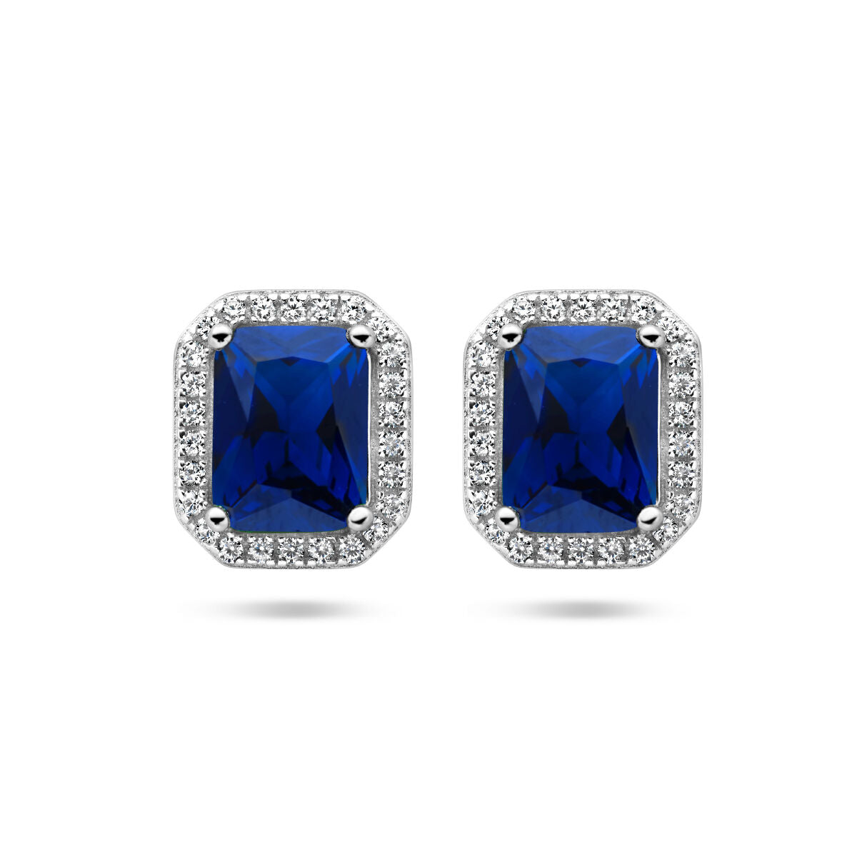 Oorknoppen met blauwe en witte zirkonia, halo-ontwerp in gerhodineerd zilver.