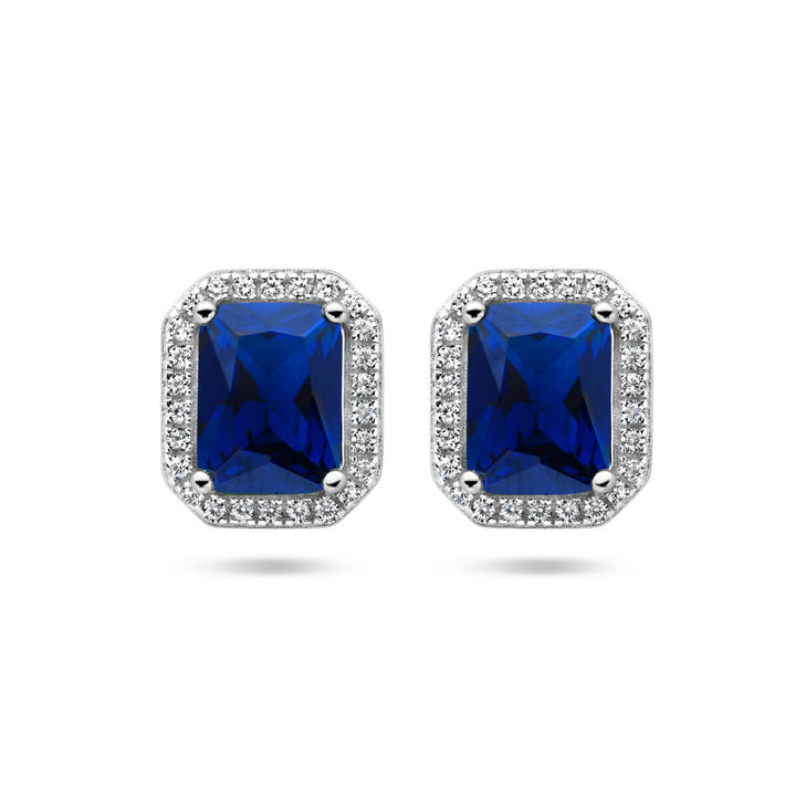ear studs blue and white zirconia halo silver rhodium plated
