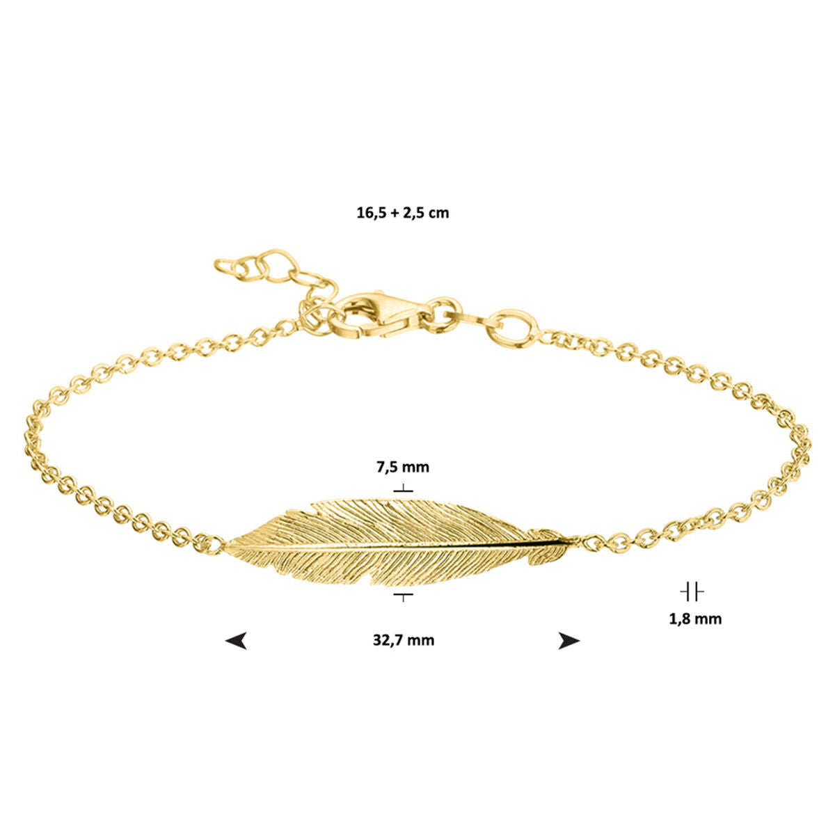 armband veren 16,5 + 2,5 cm 3 micron zilver verguld (geel)