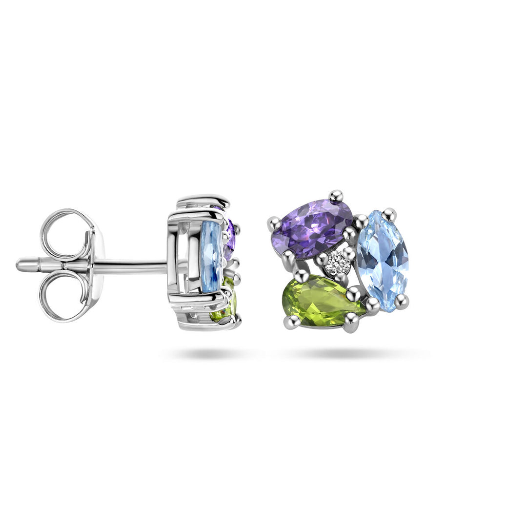 Van der Kooij Collectie oorknoppen zirkonia en synth. edelstenen zilver gerhodineerd: schitterende dames sieraden met paarse, blauwe en groene stenen, compleet met post en vlindersluiting-perfect voor elke gelegenheid.