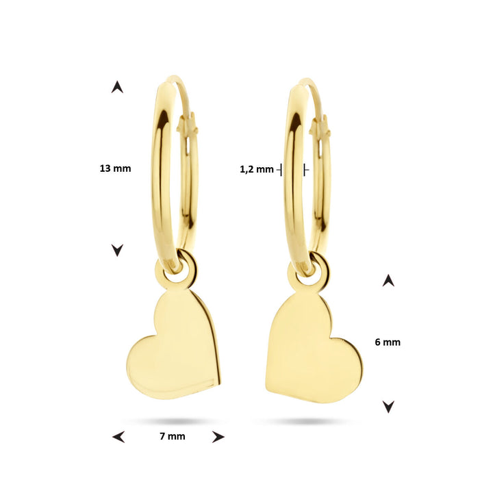 Van der Kooij Collectie oorringen hart 14K geelgoud: hoepel Ø13 mm, dikte 1,2 mm; hartje 7x6 mm. Perfect cadeau voor Valentijn!.