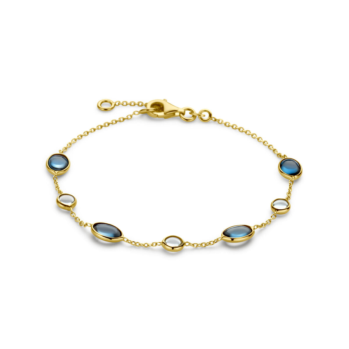 Gouden armband met london blue en blauwe topaas, 14K, met ovale en ronde edelstenen.