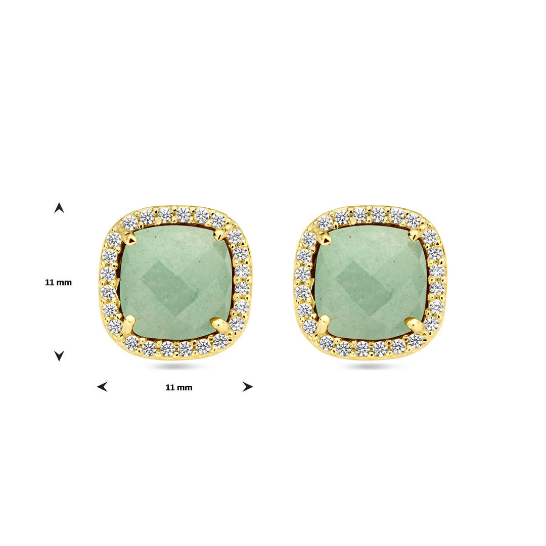 ear studs green agate and zirconia halo 14K yellow gold