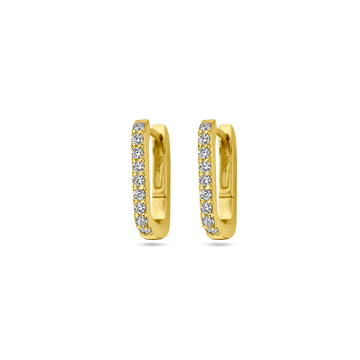 Klapoorringen van 1 micron verguld zilver met een rij zirkonia steentjes aan de voorkant.