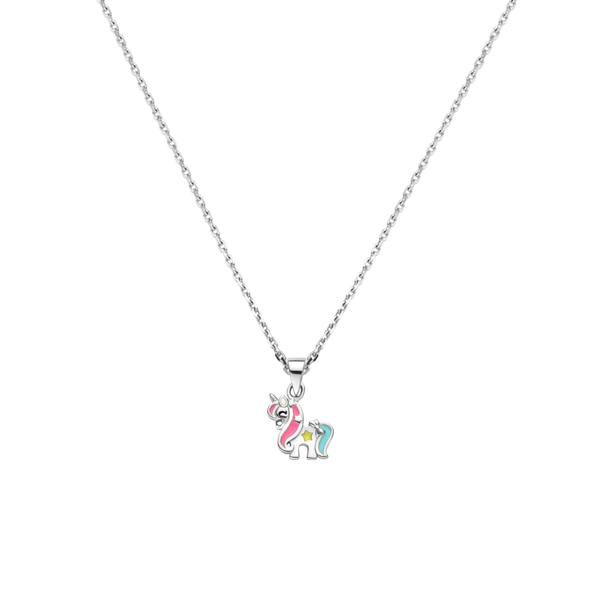 Zilveren gerhodineerd collier met een kleurrijke eenhoorn hanger, verstelbaar van 36 tot 40 cm.