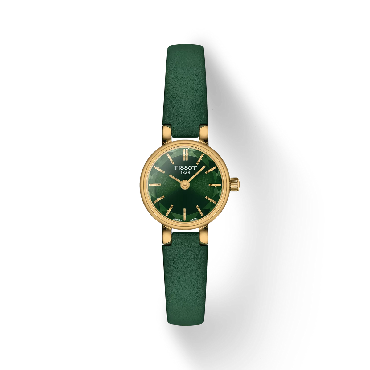 Gouden dameshorloge met groene wijzerplaat en groene leren band, 19.5mm rond.