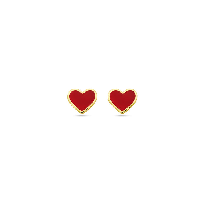 ear studs heart red enamel 14K yellow gold