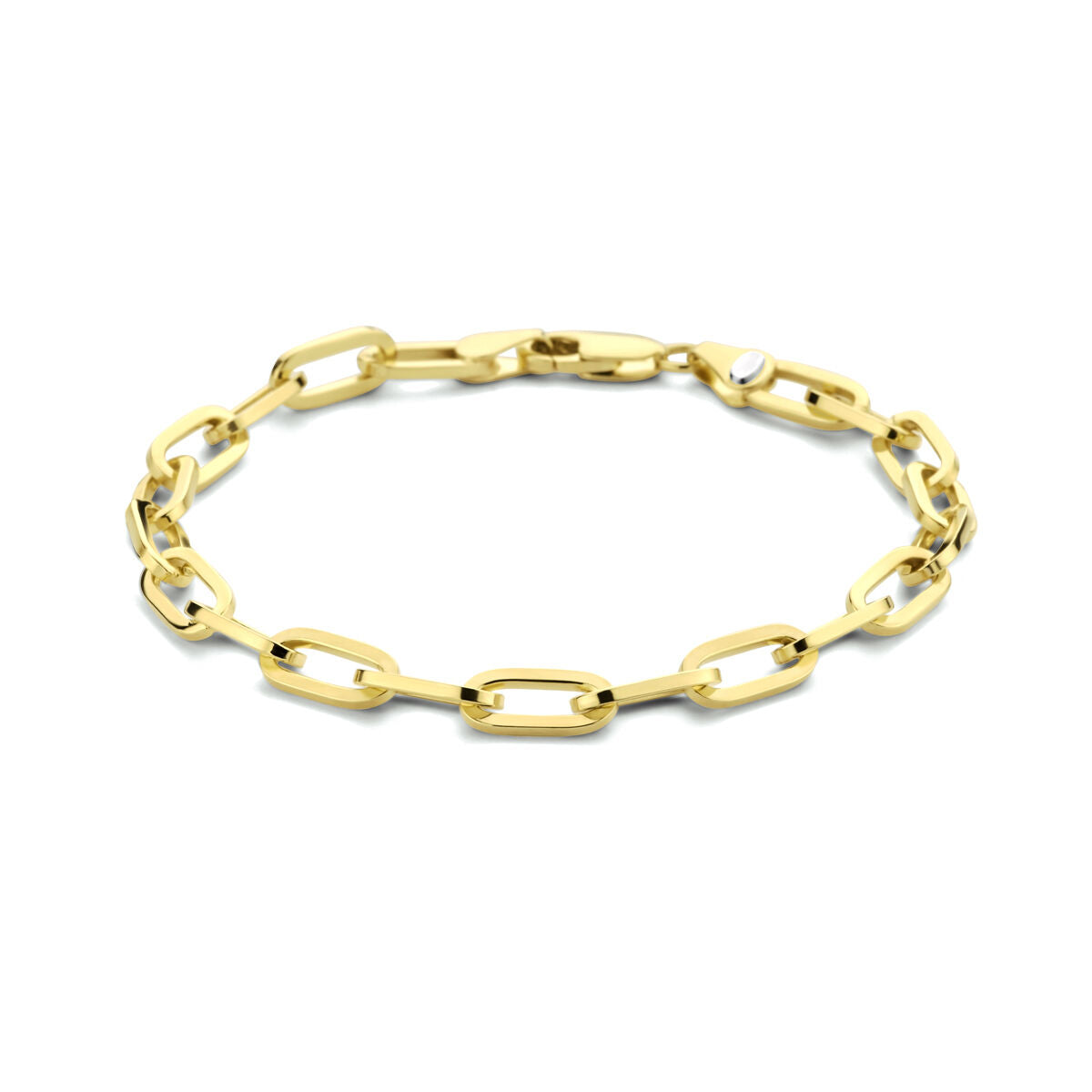 Armband van zilgold met platte paperclip schakels van 5,0 mm, 19 cm lang.