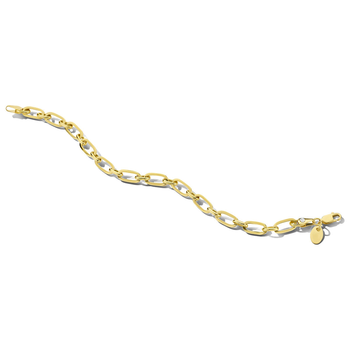 Zilgold armband met ankerdesign, 5,5 mm breed en 19 cm lang, geelgouden schakels met zilverkern.