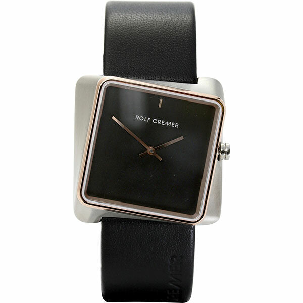Zwart vierkant horloge met een leren band, zilveren kast en een zwarte wijzerplaat met roségouden details.