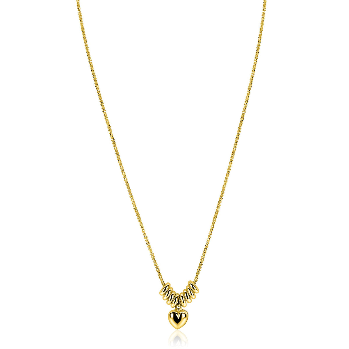 De Zinzi ketting ZIC2760 is een vergulde ketting van Zinzi, met vijf zilveren spiraalkralen en een gouden hartjeshanger met een zwarte V. Tegen een effen witte achtergrond is hij ideaal voor liefhebbers van subtiele hartjes kettingen.