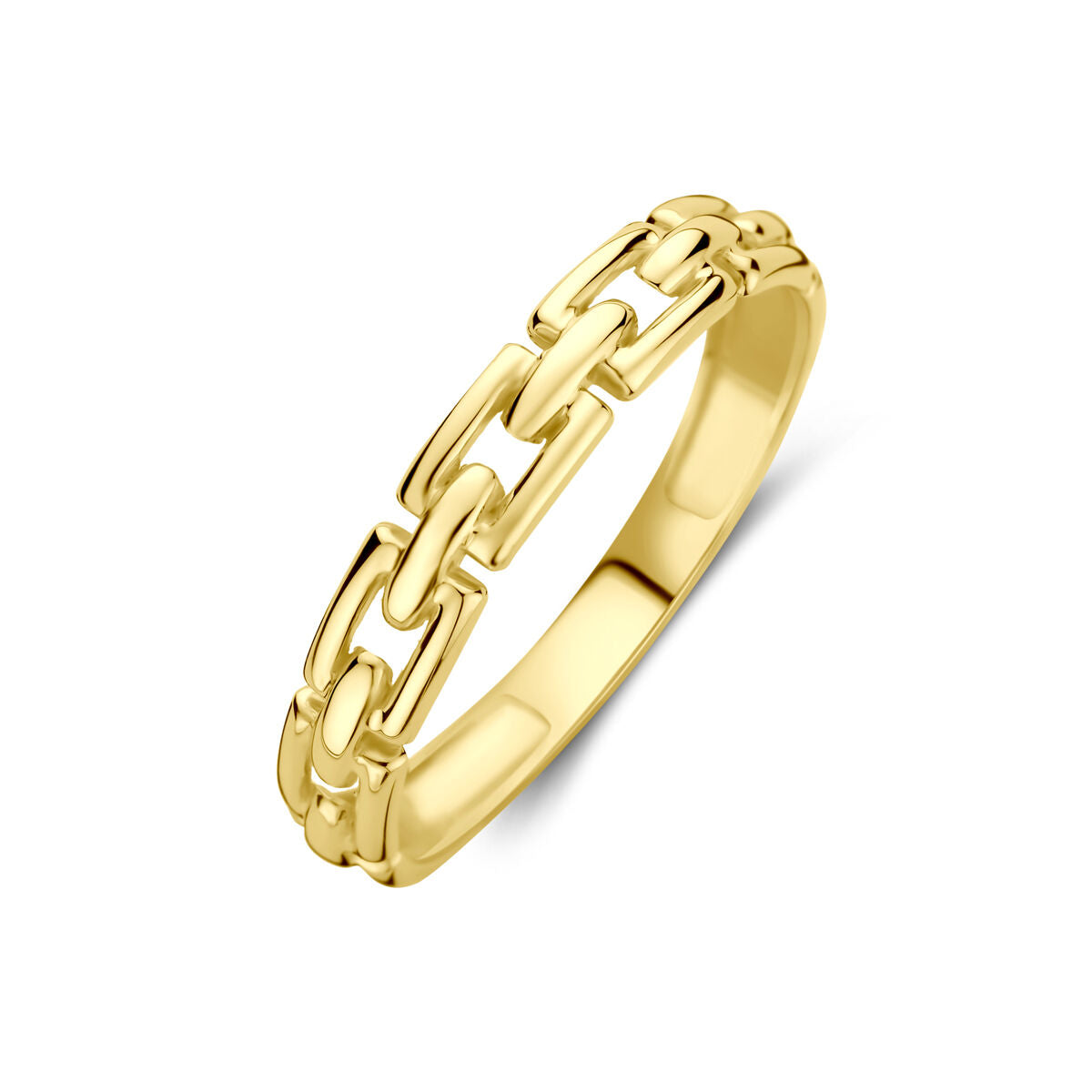 Een ring schakel 14K geelgoud uit de Van der Kooij Collectie met een elegant chain-link ontwerp, gefotografeerd op een witte achtergrond.