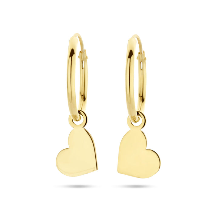 Van der Kooij Collectie oorringen hart 14K geelgoud met hangende goudkleurige hartjes, perfect voor Valentijn en getoond op een witte achtergrond.