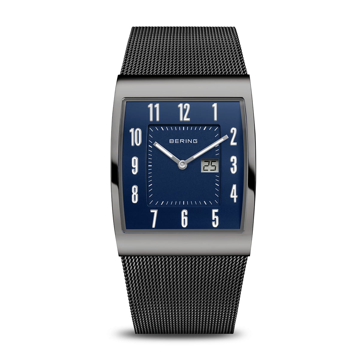 Heren horloge met blauwe wijzerplaat, vierkante kast, zilveren mesh-band en datumaanduiding.